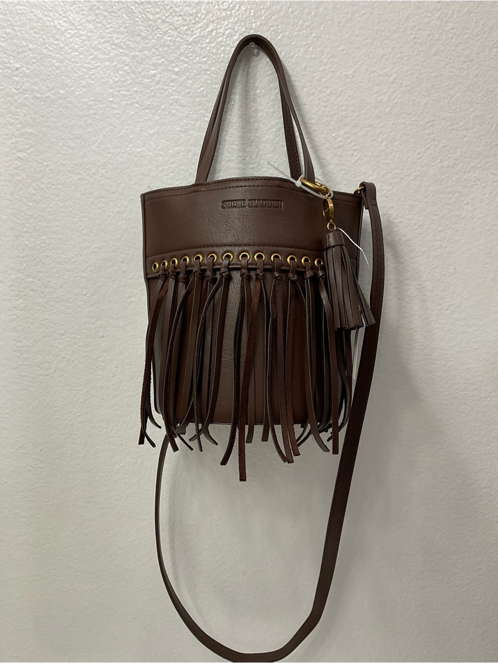 NWT Steve Madden Brown Fringe Bucket Shoulder Bag with Tassel